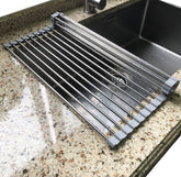 Tomorotec roll-up rack over sink showing space-saving design for drying and rinsing