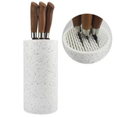 Toosbuc round knife holder on counter with space-saving design.