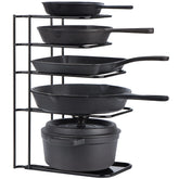 Toplife heavy-duty pan organizer front view showing secure holding of heavy pans
