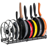 Toplife pots and pans organizer on a cabinet shelf holds lids and pans neatly.