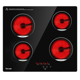 TOPWISH 24-inch electric cooktop front view with four burners and sleek black surface, modern design