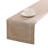 Tosewever decorative linen table runner 14x72 in light coffee on rustic farmhouse table.