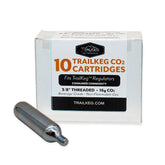 TrailKeg 16g threaded CO2 cartridge closeup showing secure threading for reliable use.