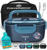 Travelisimo electric lunch box closed in stainless steel offers warm meals on the go