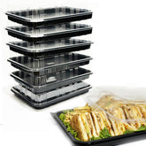 TRAYA serving tray with lid showing stacked sandwiches for easy party prep