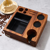 TREELF Espresso knock box setup showing organized tampers for quick access
