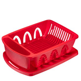 Tribello sink dish drying rack with red drainer keeps countertops dry and organized