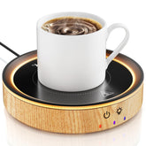 Trivoxia mug warmer with wood grain design keeps beverages at a cozy temperature.