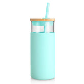 Tronco 20oz glass tumbler with lid and straw for on-the-go iced coffee.