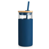 Tronco 20 oz glass tumbler with lid and straw; lid-straw focus for spill-free iced coffee on the go.