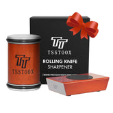 TSSTOOX rolling sharpener with wooden base and magnetic grip for precise edge restoration.