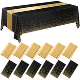 Tudomro disposable tablecloth in black and gold covers a 54x108 inch table for a clean setup