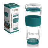 Tupkee double-wall glass tumbler front view highlighting insulation for hot or cold drinks