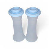 Tupperware large hourglass salt pepper set full product view with ice blue seals for easy seasoning.