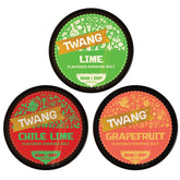 Twang Lime rimming salt on a glass rim for bright citrus flavor.
