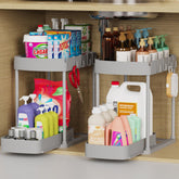 Ukeetap two-pack pull-out storage organizer keeps bathroom counters tidy.