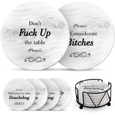 Ultimate Hostess funny coasters with holder protect surfaces and spark laughs