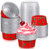 Umigy Christmas tree foil cups with lids for oven-ready cupcakes.