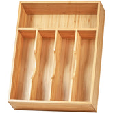 Umilife bamboo drawer organizer top view shows five-slot layout for flatware.
