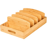 Umilife large lids organizer in top view with tall bamboo dividers for big lids.