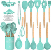 Umite Chef 24-piece silicone utensil set top view showing organized green tools