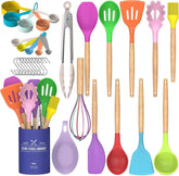 Umite Chef 33pc utensils with wooden handles in colorful set for versatile cooking.
