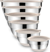 Umite Chef mixing bowls with tight-fitting lids keep ingredients fresh during prep.