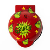 Uncanny Brands Grinch mini waffle maker with festive red-green housing for quick, playful breakfasts.