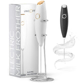 Unicoff milk frother in white and gold foams milk for lattes.