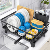 Urackify dish drainer with large capacity keeps plates and bowls organized on the counter.