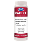 Urnex Cafiza espresso machine cleaner powder shown for deep cleaning and easy rinsing