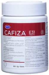 Urnex Cafiza cleaning tablets in a jar for espresso machines, easy dosing