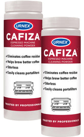 Urnex Cafiza professional cleaner powder packaging for espresso machine maintenance.