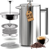 Utopia Kitchen French Press 34oz double-wall keeps coffee hot longer for morning rituals.