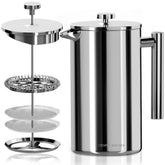 Utopia Kitchen French Press with double-wall design and 50oz capacity keeps coffee hot longer.
