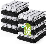 Utopia Towels 12-pack kitchen towels in black and white dobby weave for versatile cleaning.