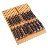 Utoplike in-drawer bamboo knife block keeps knives neatly stored.