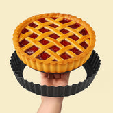 UWILLION tart pan with removable bottom, top view showing easy release and even browning.