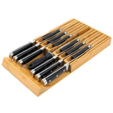 VaeFae bamboo knife drawer organizer with 12-slot layout for neat knife storage.