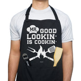 VAGAVY funny apron front view in black with convenient pockets for utensils.