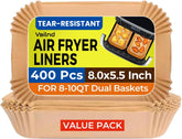 Vailnd 400pcs dual-basket air fryer liners keep meals clean and mess-free.