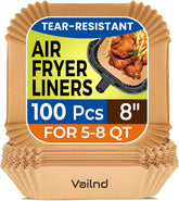 Vailnd air fryer paper liners 8-inch on tray for quick cleanup.