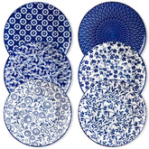 Vancasso ceramic plates set of 6, front view, blue and white vintage pattern.