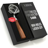 Vaneo 54mm bottomless portafilter with a red rosewood handle for precise dosing.
