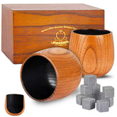 Veelgeluk charred whiskey glass with wooden tumbler, showcasing rich grain for a premium sipping experience.