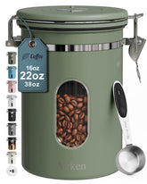 Veken coffee canister with window showing remaining beans for easy freshness checks.