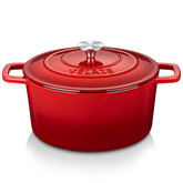 Velaze 6 Qt enameled Dutch oven in red with durable construction for even heat.