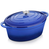 Velaze 7.5 qt enamelled oval Dutch oven with blue lid for even heat