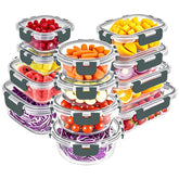 VERONES 12-pack glass containers with locking lids for spill-free meals.