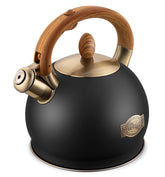 VICALINA tea kettle in polished black, front view with cool-touch handle for safe pouring.